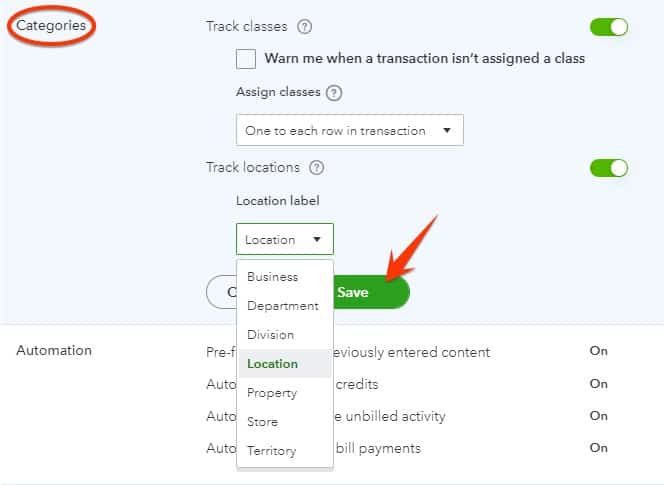 Category settings in QuickBooks Online.