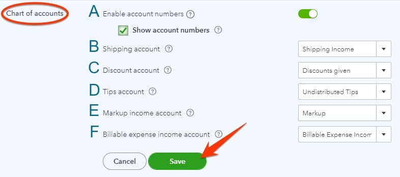 Chart of accounts advanced settings in QuickBooks Online.