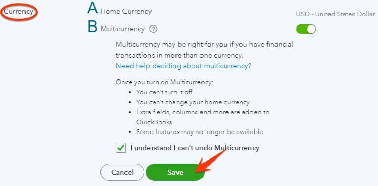 Currency options in QuickBooks Online.