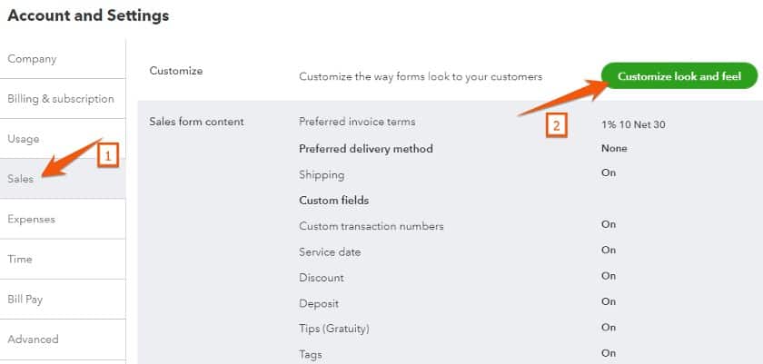 Accounts and settings page in QuickBooks Online highlighting the Customize look and feel button under the Sales tab