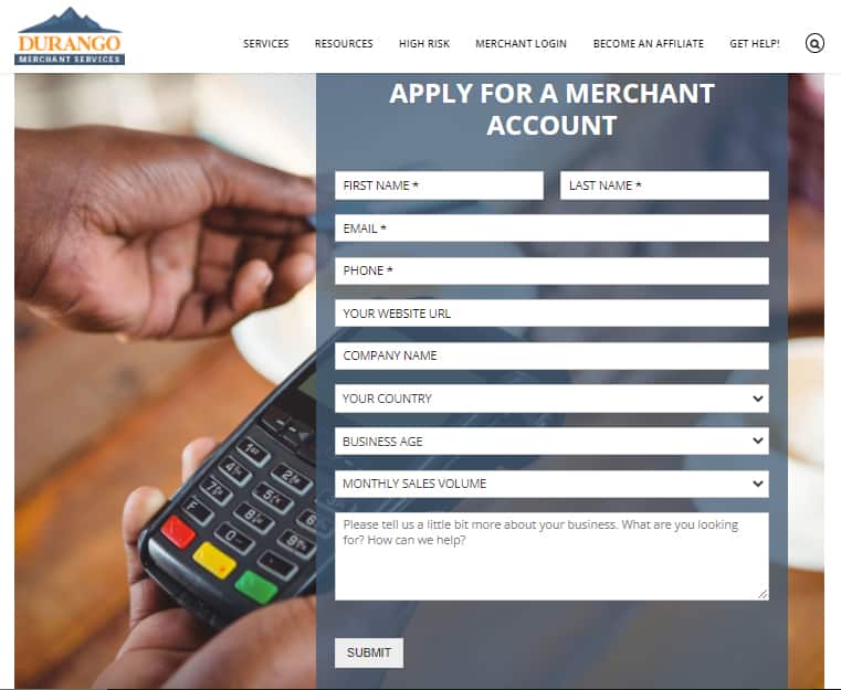 Sign-up form to apply for merchant account in Durango Merchant Services.