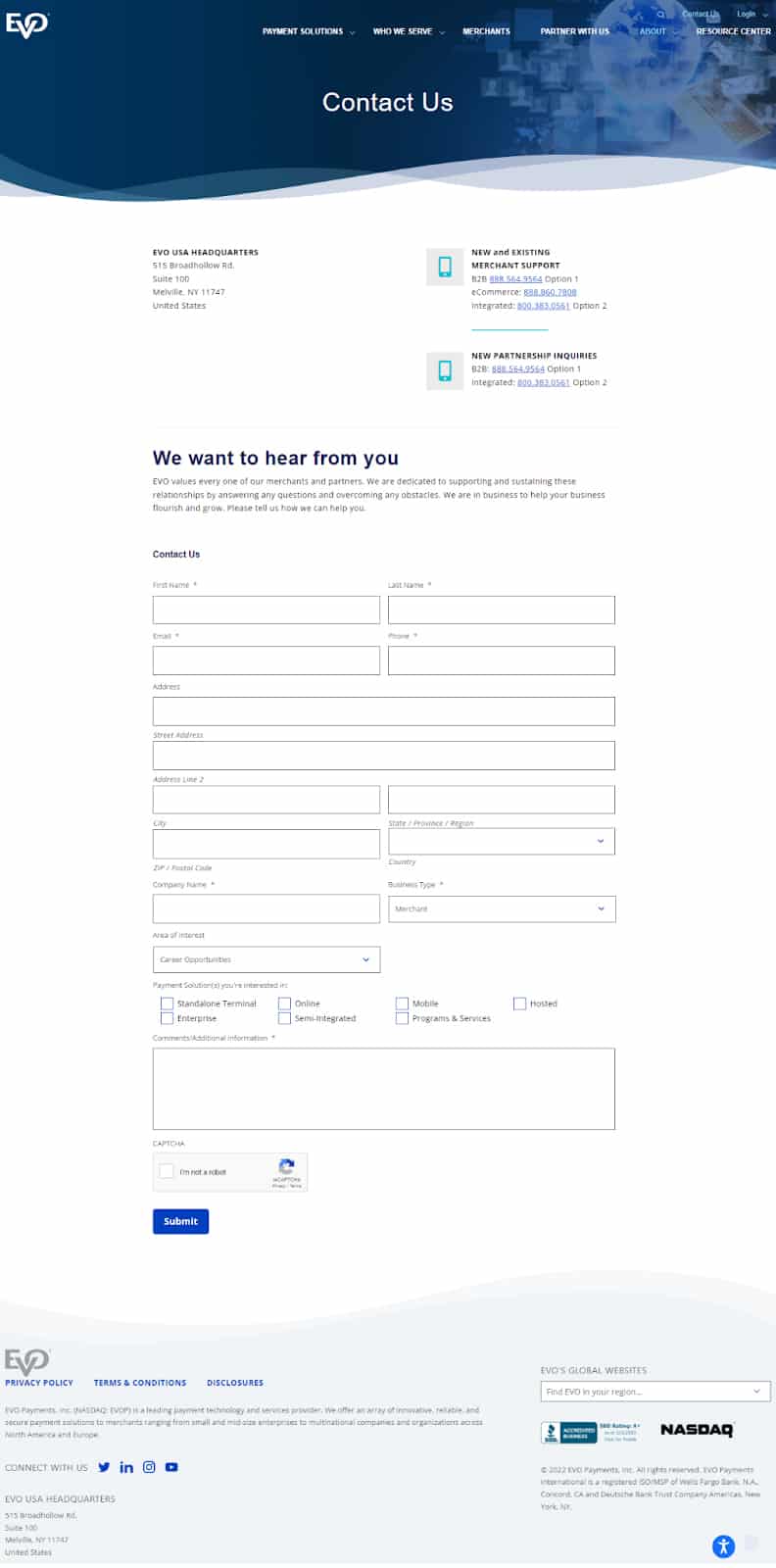 EVO Payments Contact form.