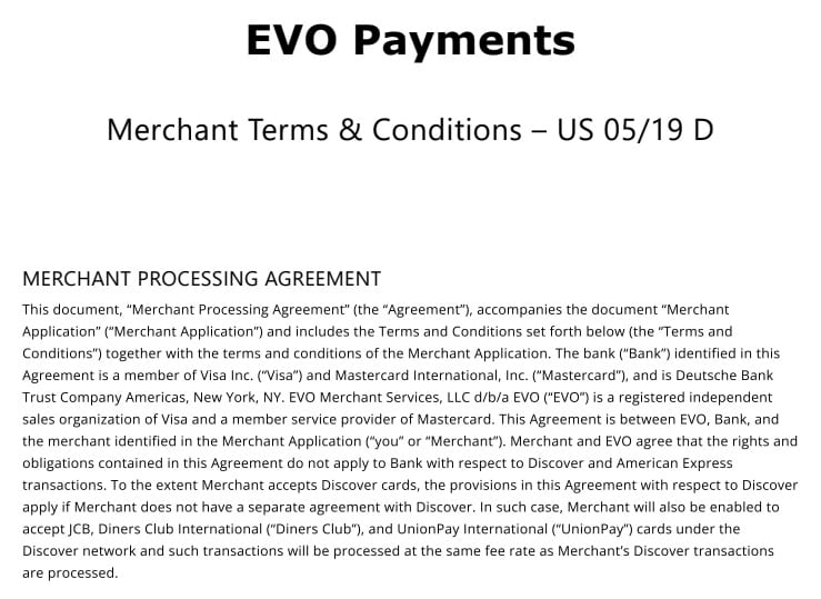 EVO Payments Merchant Agreement form in preview.