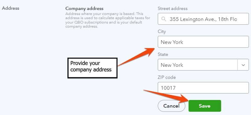 Entering or changing addresses in QuickBooks Online.