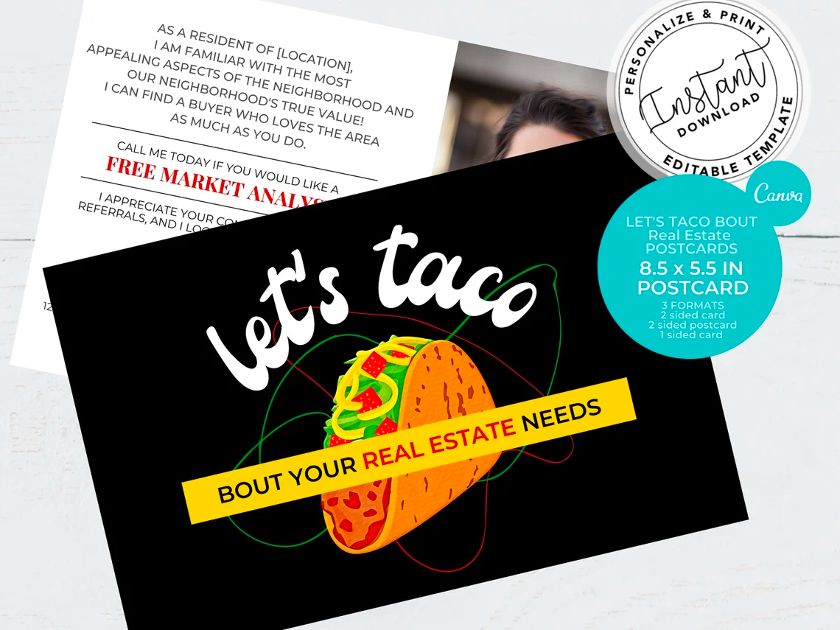 Etsy postcard template that says "Let's taco bout your real estate needs"