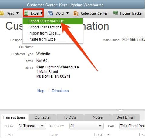 Exporting Customer List from the top toolbar of the Customer Center.