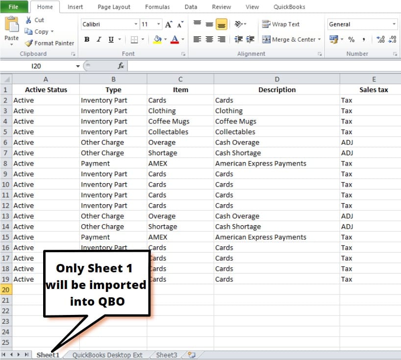 First Excel worksheet will import into QuickBooks Online.