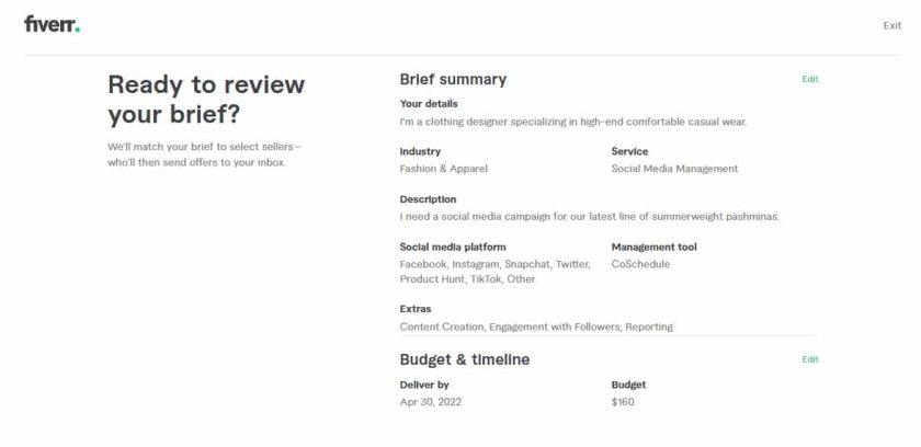 Fiverr job brief for freelancers to review.