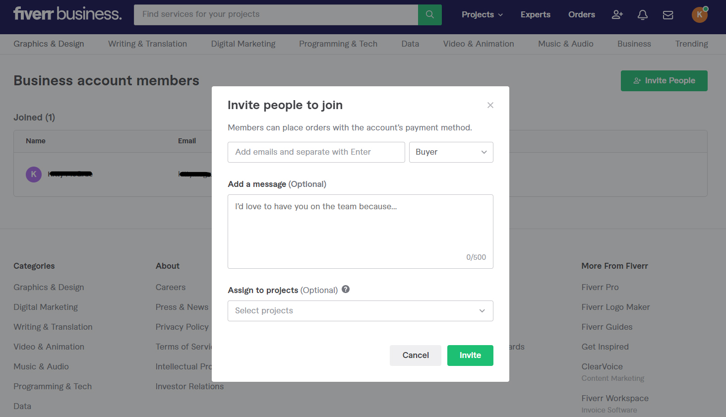 Fiverr Invite people to your account.