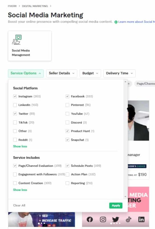 Fiverr setting up service options.