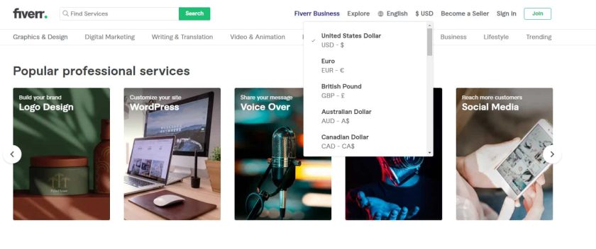 Fiverr set website to display freelancer fees.