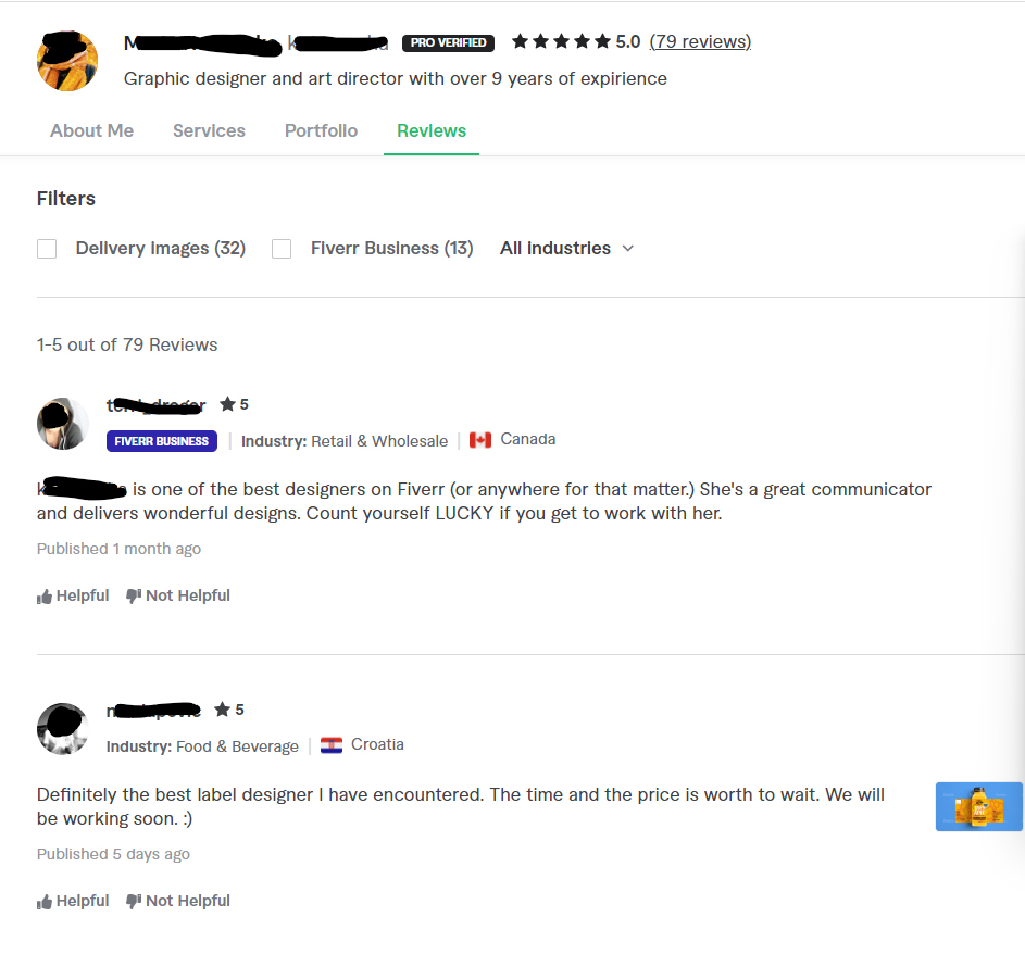 Fiverr user reviews on freelancer's profile.