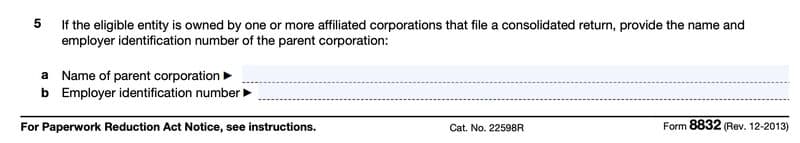 Form 8832: Line 5 left blank for New Business, LLC since there are no affiliated corporations.