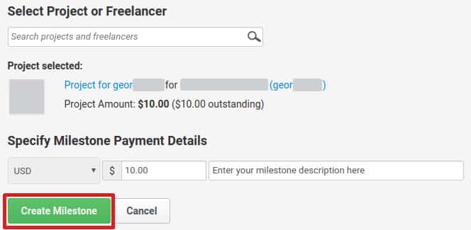 Create Milestone button in Freelancer.com.