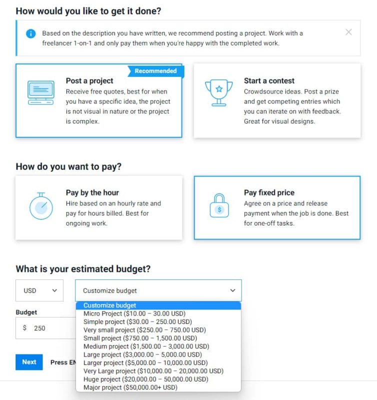 Choose how to pay and estimated budget in Freelancer.com.