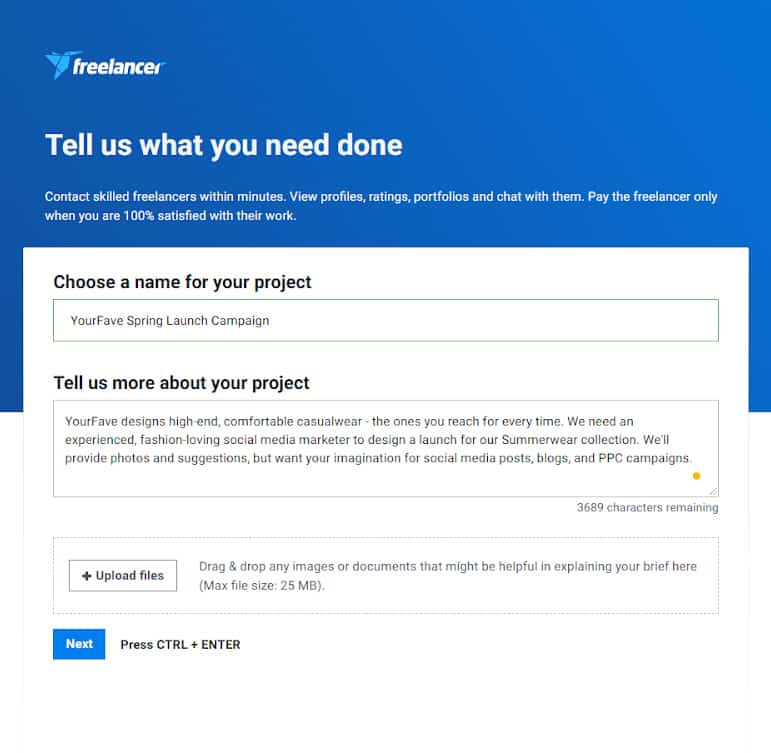 Choose name of your project in Freelancer.com.