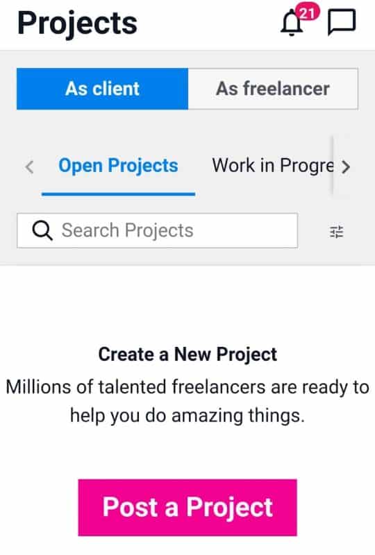 Post project as Client on mobile app Freelancer.com.