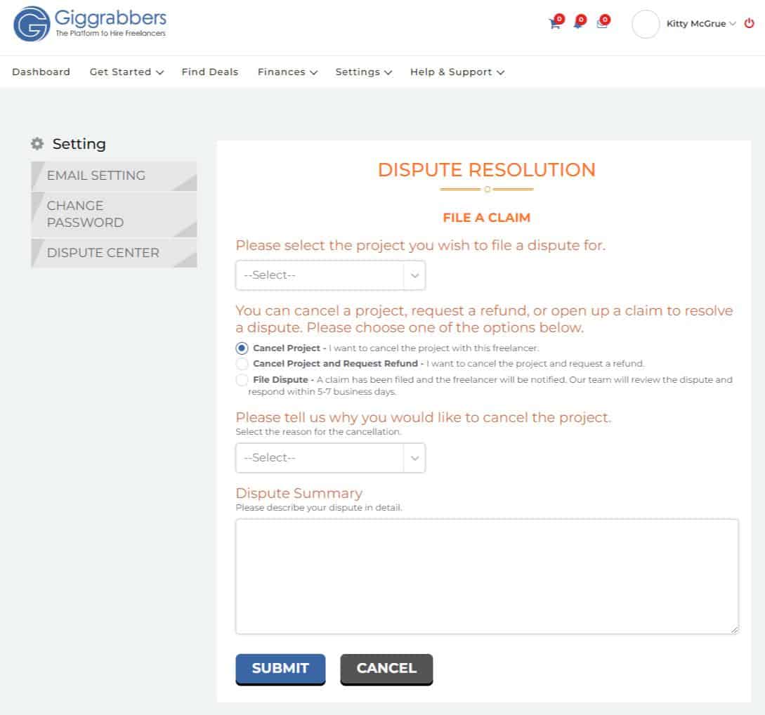 Dispute Resolution page in Giggrabbers.