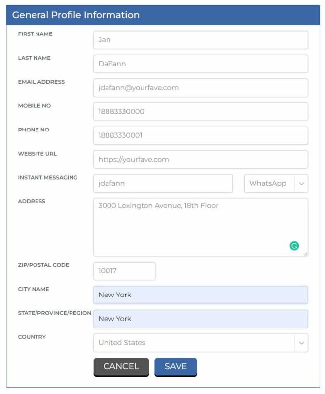 Giggrabbers general profile information form example.