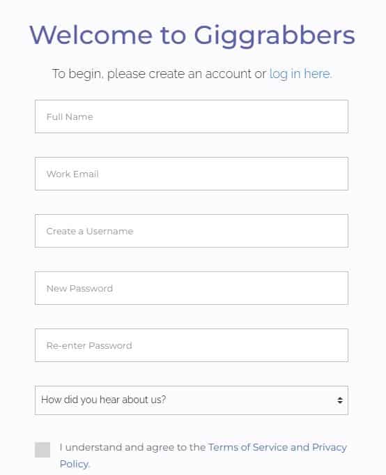 Giggrabbers registration form image example.