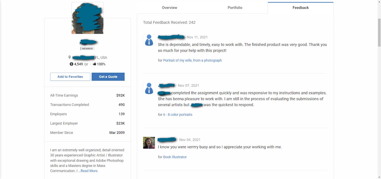 Freelancer's sample profile in Guru.