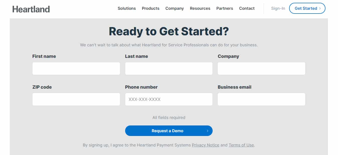 Heartland Payment Systems sign-up form for requesting demo.
