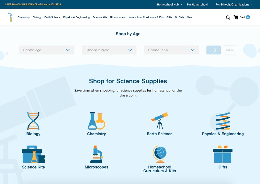 Home Science Tools homepage with user-friendly navigation. 