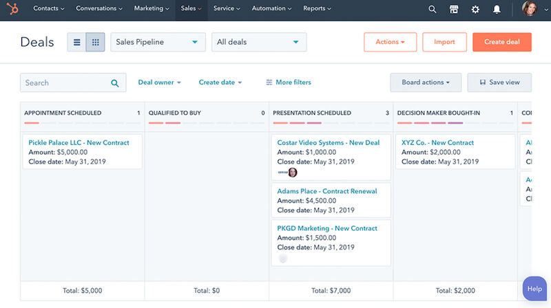 An example of HubSpot CRM's board view of deals.