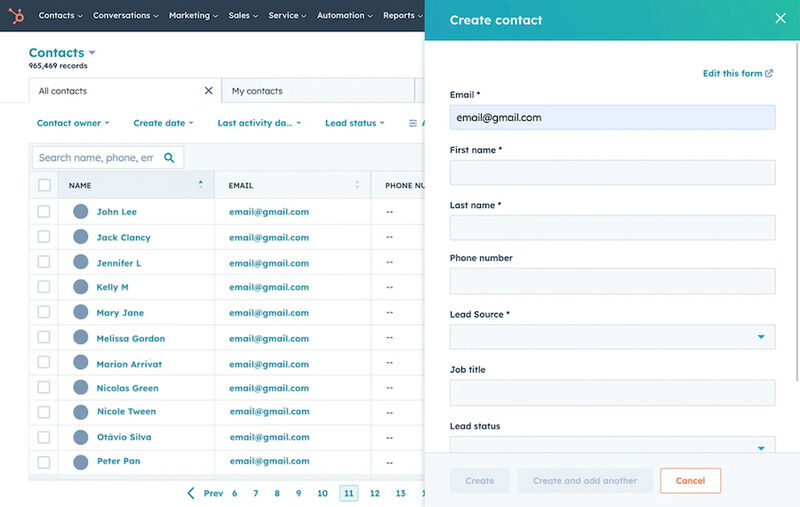 A form used for adding a new contact in HubSpot CRM.