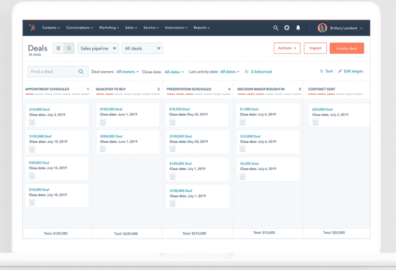 HubSpot’s board view of deals and tasks.