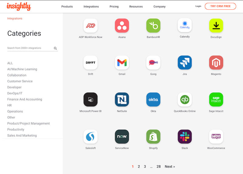 Some of Insightly CRM's available integrations from the AppConnect library.
