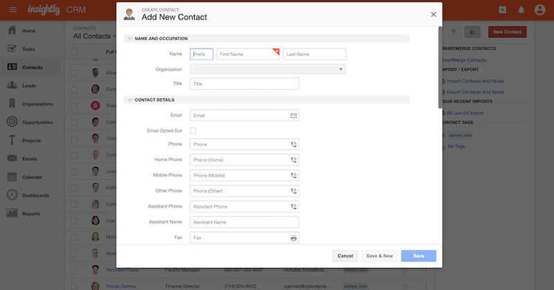 A form for adding a new contact in Insightly CRM.