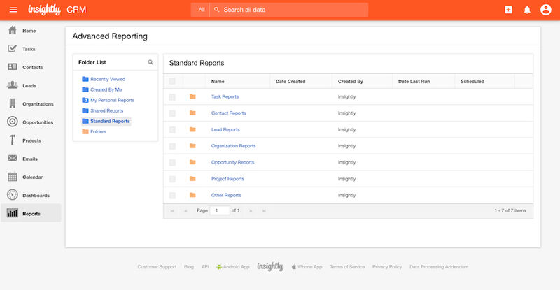 Insightly CRM's reporting tab with standard reports list.