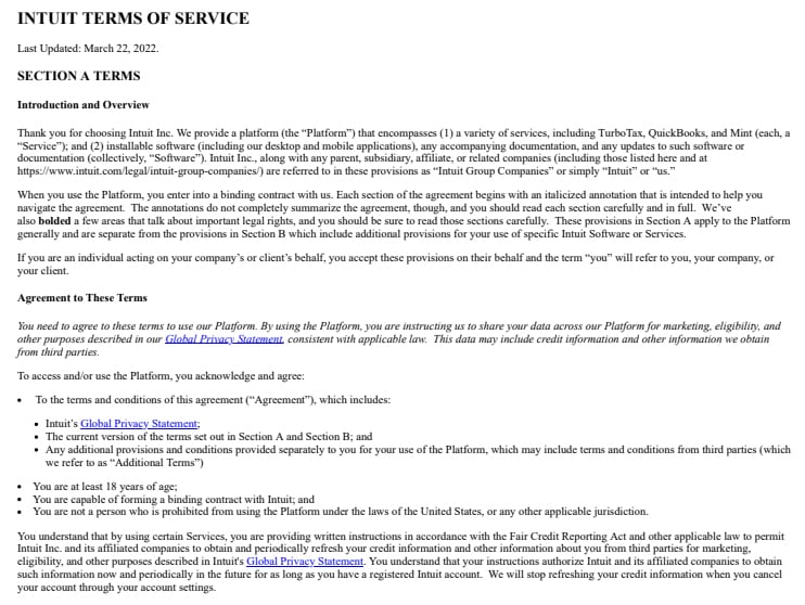 Intuit Terms of Service preview.