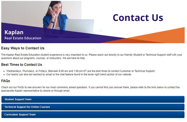 Kaplan Contact Us page sample.