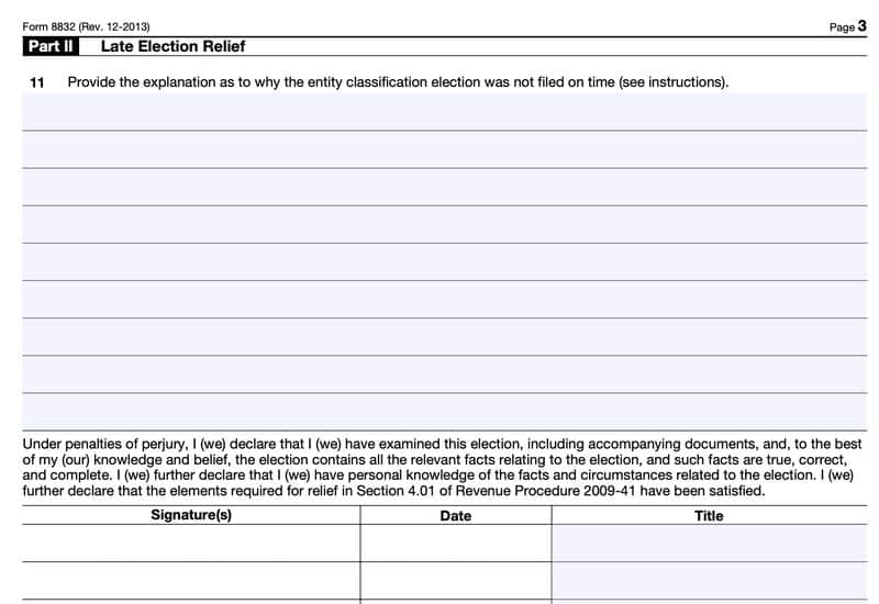 Form 8832: late election relief blank space.