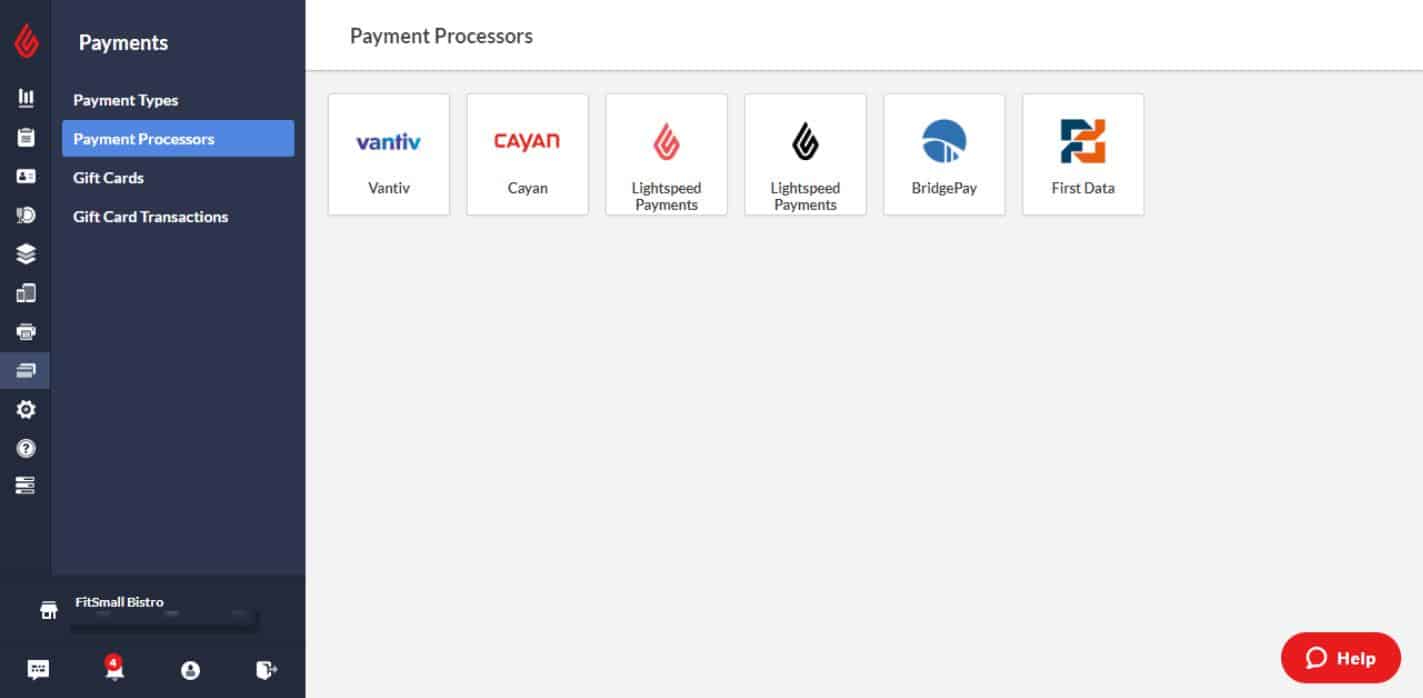 Lightspeed payment dashboard with payment processors.