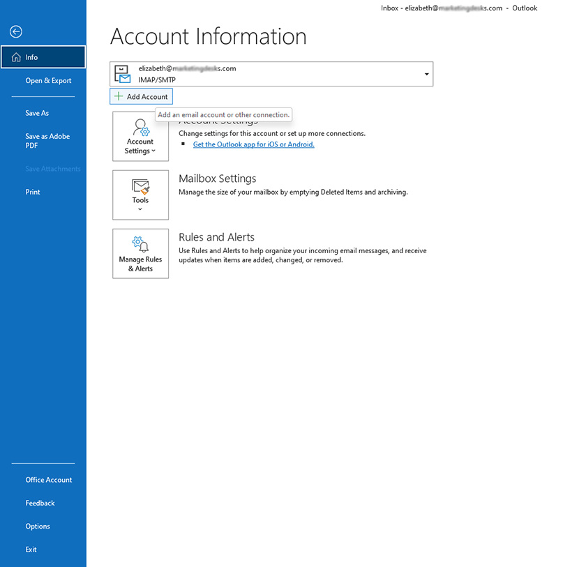 Microsoft Outlook email account settings.