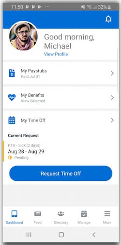 Namely mobile app for company directory, time-off requests, benefits, and pay stubs.