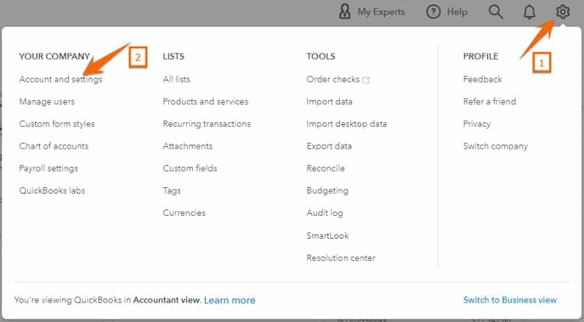 Navigating to Account and Settings in QuickBooks Online.