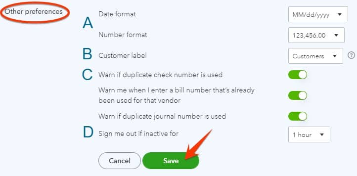Other preferences tab in QuickBooks Online.