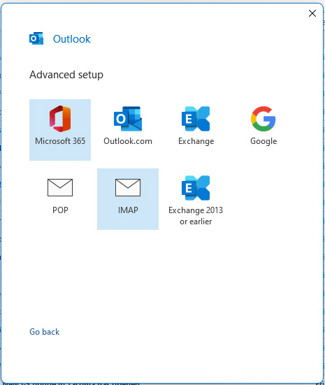 Screenshot Outlook Advanced Setup Select Either IMAP Or POP 