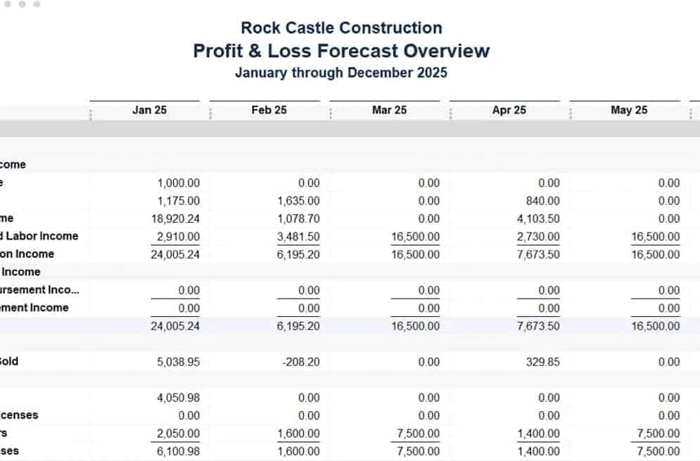 Sample Profit and Loss Forecast Overview in QuickBooks Enterprise.