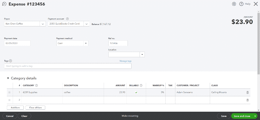 Example of Entering an expense in QuickBooks Online.