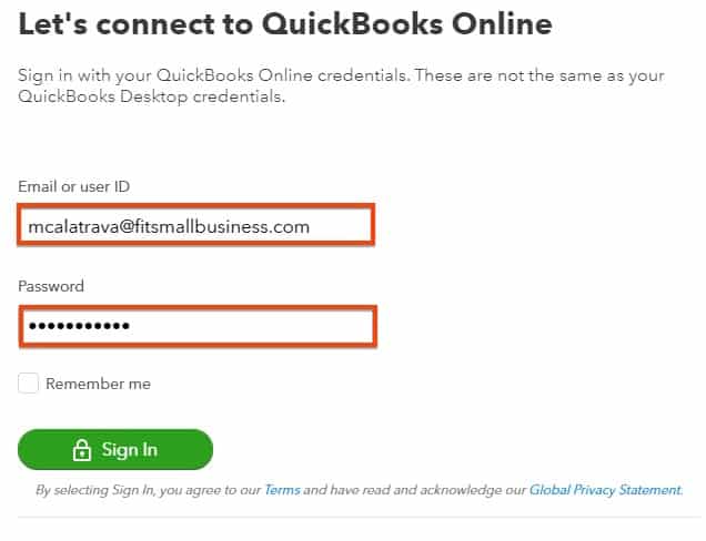 QuickBooks Online sign-in screen in QuickBooks Desktop.