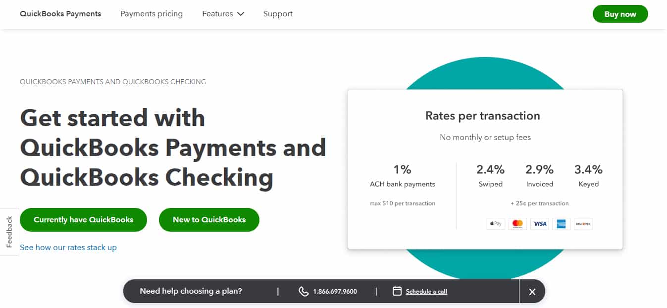 QuickBooks Payments home page where to find Get Started button and rates.