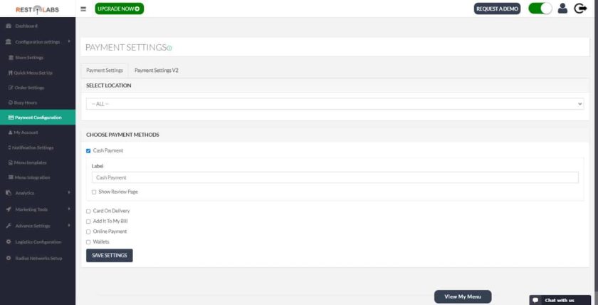 Configure payment settings page in Restolabs.