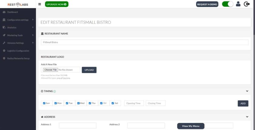 Add restaurant information like location, logo, and operating hours in Restolabs.