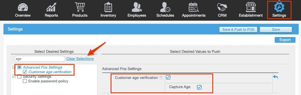 Revel Advance POS Settings button for age verification.