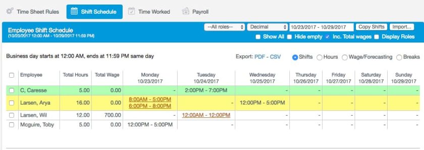 Revel Shift Schedule to build employee schedule.